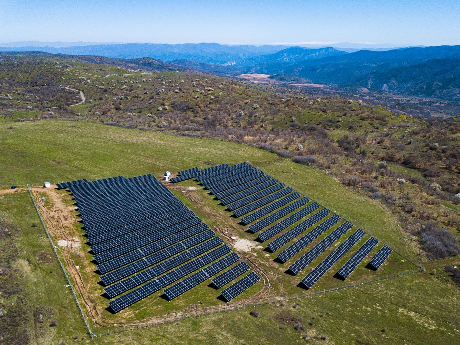 Mountain solar installation aerial view